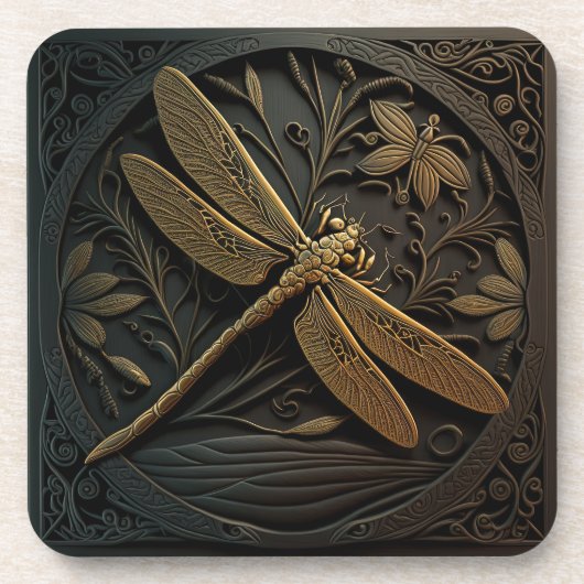 Elegant Golden Dragonfly in Bronze Filigree Bier Onderzetter (Voorkant)