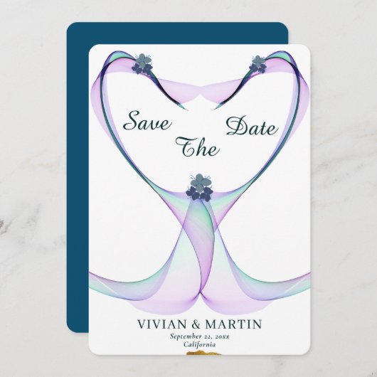 Elegant Golden en Paars hart sparen de datum Kaart (Voorkant / Achterkant)