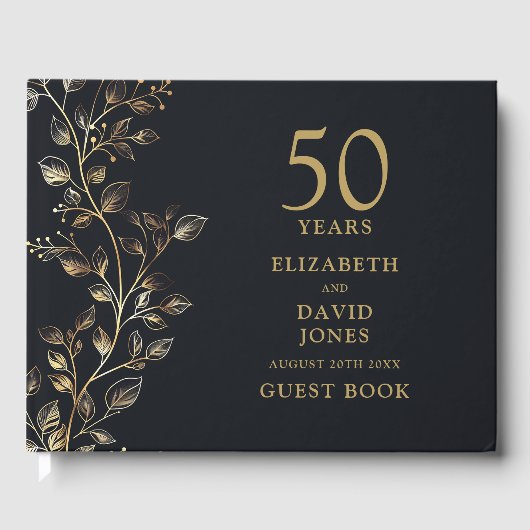 Elegant Golden Floral 50e bruiloft Jubileum Gastenboek (Voorkant)