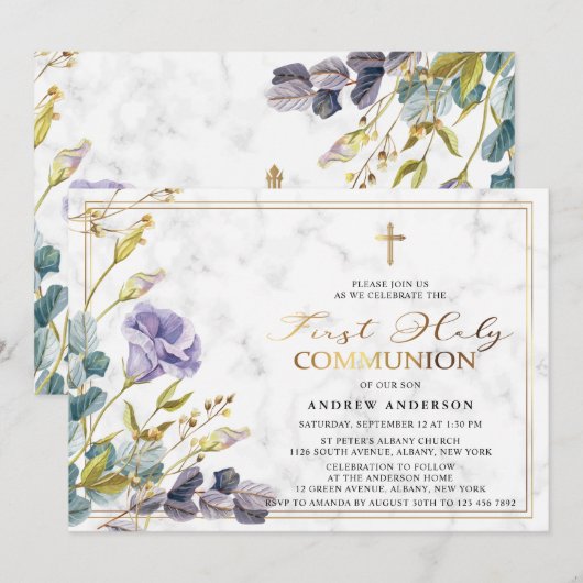 Elegant Golden Floral First Heilige Communie Kaart (Voorkant / Achterkant)