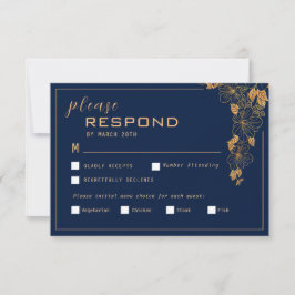 Elegant Golden Floral Foliage Navblauw RSVP Kaartje