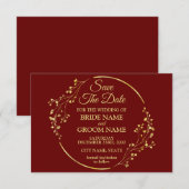 Elegant Golden Floral Geometric Wreator Red Save The Date (Voorkant / Achterkant)