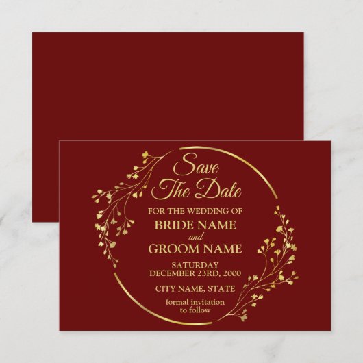 Elegant Golden Floral Geometric Wreator Red Save The Date (Voorkant / Achterkant)