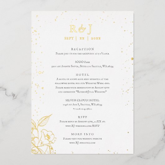 Elegant Golden Floral Wedding Enclosure Folie Uitnodiging (Voorkant)