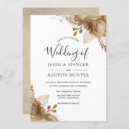 Elegant Golden Floral Wedding Invitation Kaart