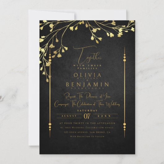 Elegant Golden Florales Lijst Weddenschap Kaart (Voorkant)