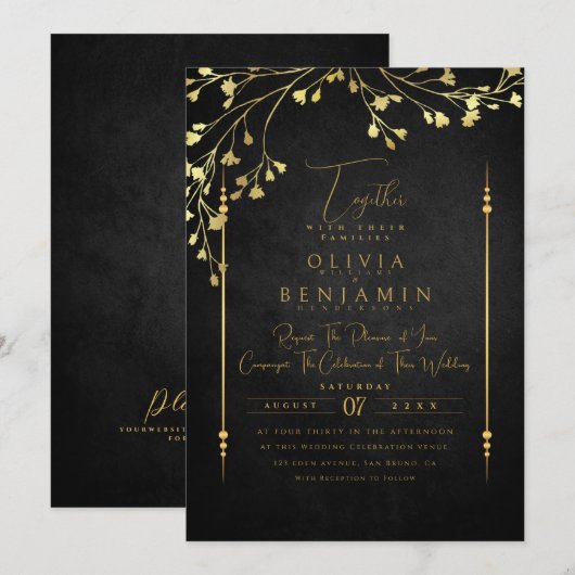 Elegant Golden Florales Lijst Weddenschap Kaart (Voorkant / Achterkant)