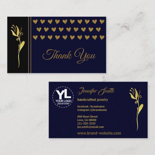 Elegant Golden Flower Hearts Custom Logo Bedankt Visitekaartje (Voorkant / Achterkant)