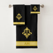 Elegant Golden Flower, Monogram & Stripe on Black Bad Handdoek (Insitu)