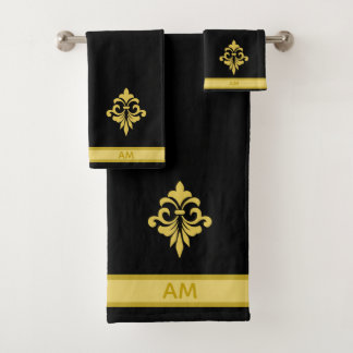 Elegant Golden Flower, Monogram & Stripe on Black Bad Handdoek