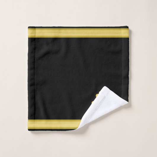 Elegant Golden Flower, Monogram & Stripe on Black Bad Handdoek (Wasdoekje)