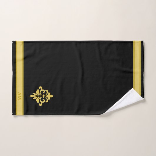 Elegant Golden Flower, Monogram & Stripe on Black Bad Handdoek (Handdoek)