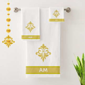 Elegant Golden Flower, Monogram & Stripe on White Bad Handdoek