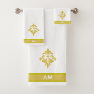 Elegant Golden Flower, Monogram & Stripe on White Bad Handdoek