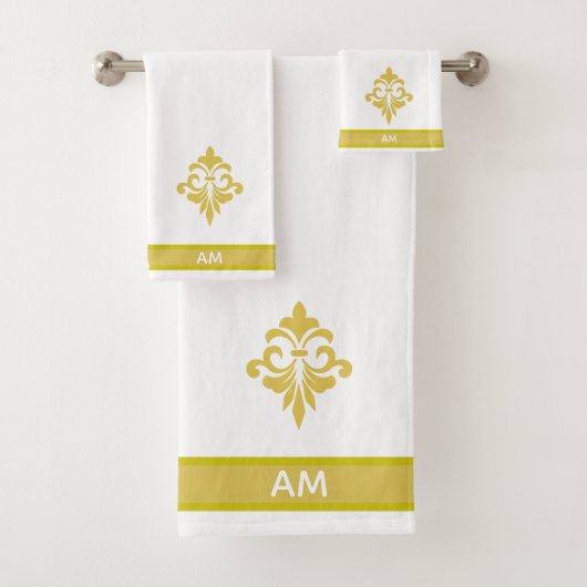 Elegant Golden Flower, Monogram & Stripe on White Bad Handdoek (Insitu)