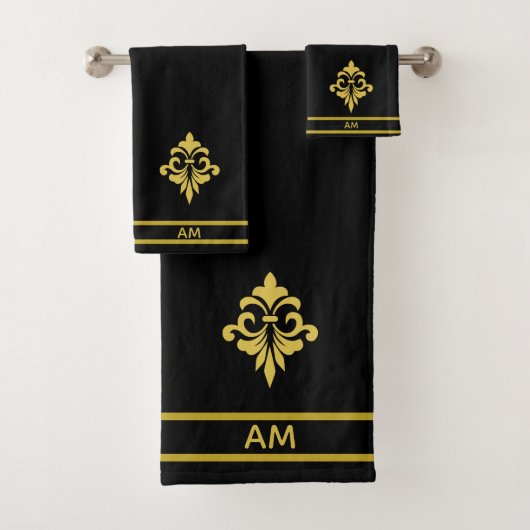 Elegant Golden Flower, Monogram & Stripes on Black Bad Handdoek (Insitu)