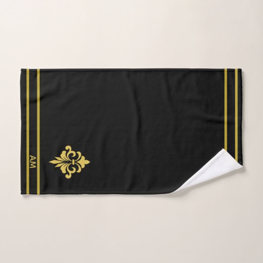 Elegant Golden Flower, Monogram & Stripes on Black Bad Handdoek (Handdoek)