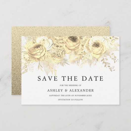 Elegant Golden Flowers trouwt op de datum Save The Date (Voorkant / Achterkant)
