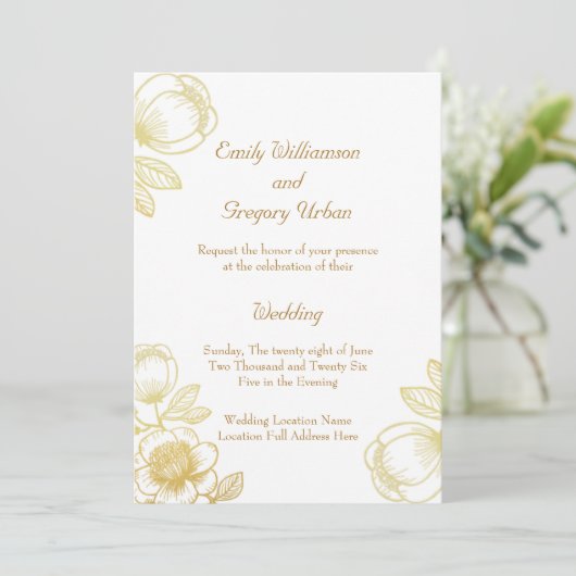 Elegant Golden Flowers Wedding Kaart (Staand voorkant)