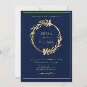 Elegant Golden Foliage Navy Blue Wedding Kaart (Voorkant)