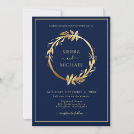 Elegant Golden Foliage Navy Blue Wedding Kaart