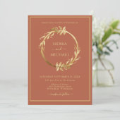Elegant Golden Foliage Terracotta Rust Wedding Kaart (Staand voorkant)