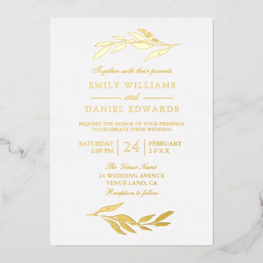 Elegant Golden Folie Leaf Modern Wedding Folie Uitnodiging (Voorkant)