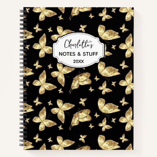Elegant Golden Gold Butterfly Script Name Monogram Notitieboek (Voorkant)