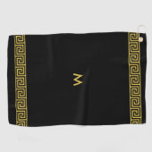 Elegant Golden Greek Pattern en Monogram op Black Golfhanddoek (Horizontaal)