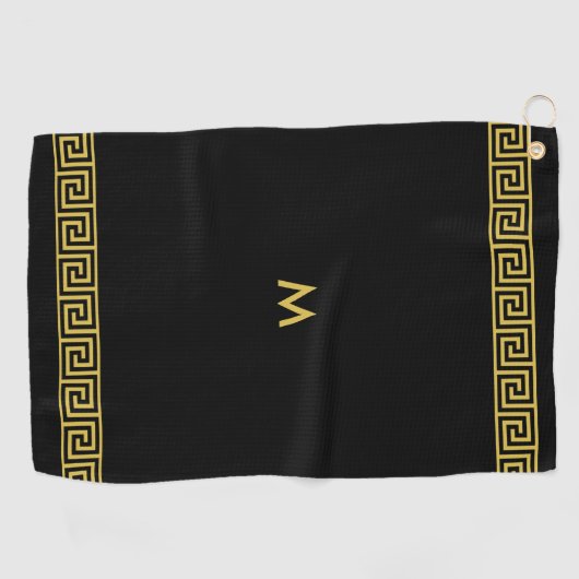 Elegant Golden Greek Pattern en Monogram op Black Golfhanddoek (Horizontaal)