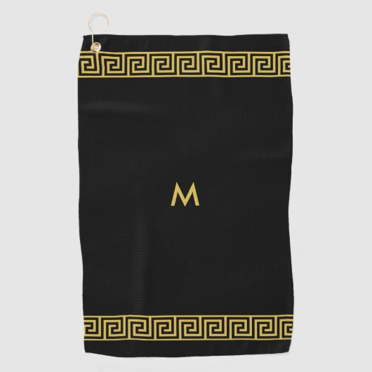 Elegant Golden Greek Pattern en Monogram op Black Golfhanddoek (Voorkant)