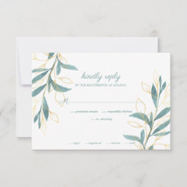 Elegant Golden Green Waterverf Floral Wedding RSVP Kaartje