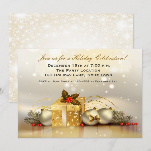 Elegant Golden Holiday Party Uitnodiging (Voorkant / Achterkant)