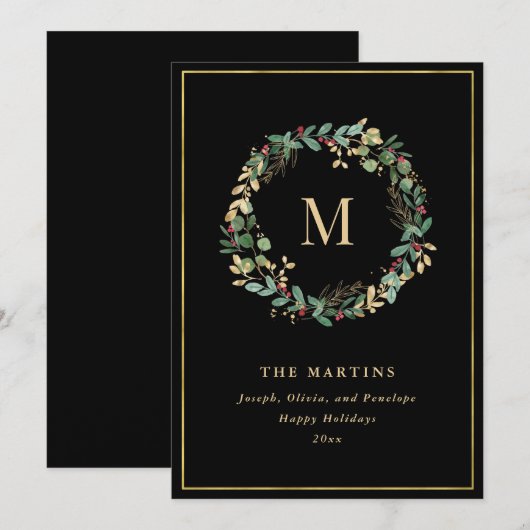 Elegant Golden Kerstmis met monogram Feestdagenkaart (Voorkant / Achterkant)