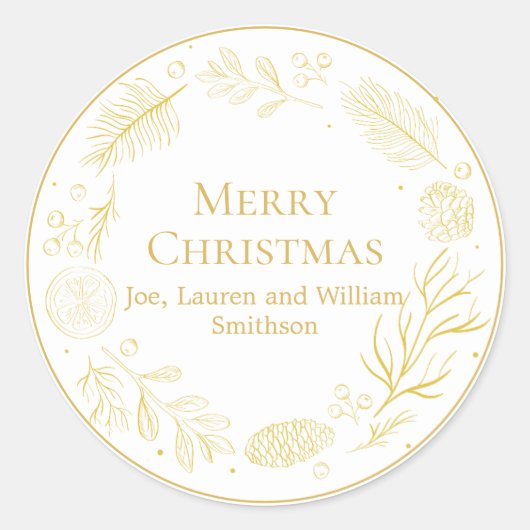Elegant Golden Leaves & Berries Merry Christmas Ronde Sticker (Voorkant)