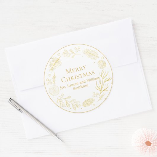 Elegant Golden Leaves & Berries Merry Christmas Ronde Sticker (Envelop)