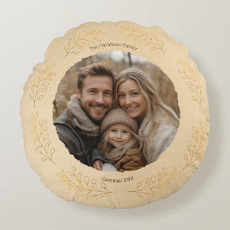 Elegant Golden Leaves Family Photo Christmas Beige Rond Kussen