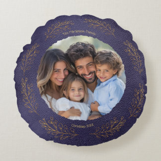 Elegant Golden Leaves Family Photo Christmas Blue Rond Kussen