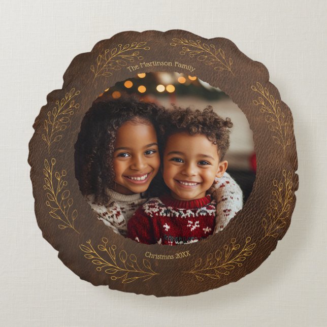 Elegant Golden Leaves Family Photo Christmas Brown Rond Kussen (Voorkant)