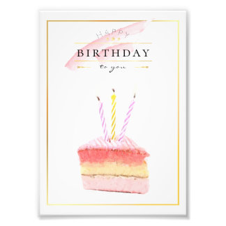 Elegant Golden Lijst Birthday Cake Slice Foto Afdruk