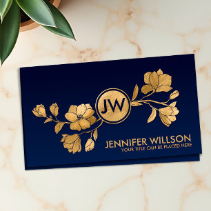 Elegant Golden Magnolia Blossom Monogram Visitekaartje
