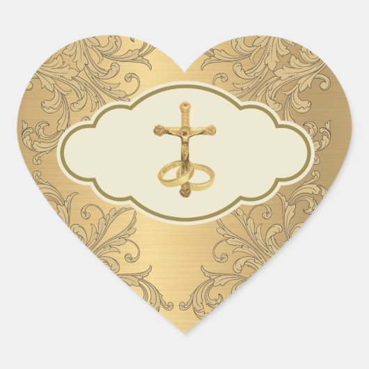 Elegant Golden Metallic Crucifix Wedding Rings Hart Sticker (Voorkant)