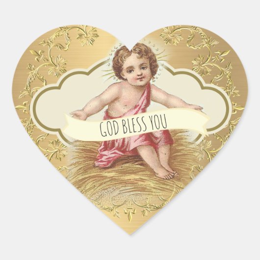 Elegant Golden Metallic Gold Baby Jesus Hart Sticker (Voorkant)