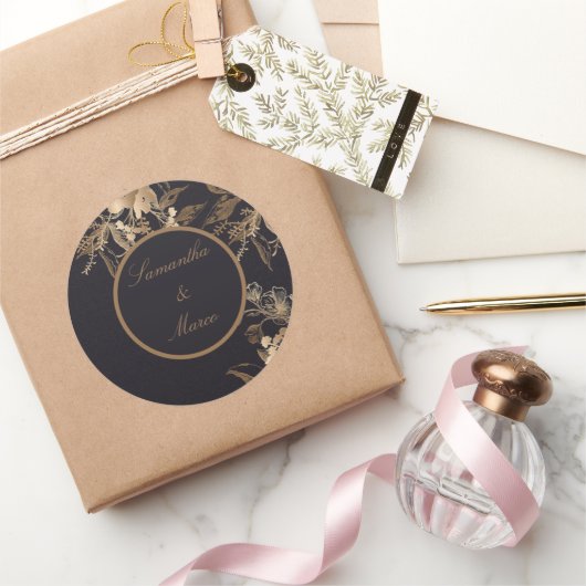 Elegant Golden Metallic Rozen Floral Wedding Class Ronde Sticker (Geschenken)