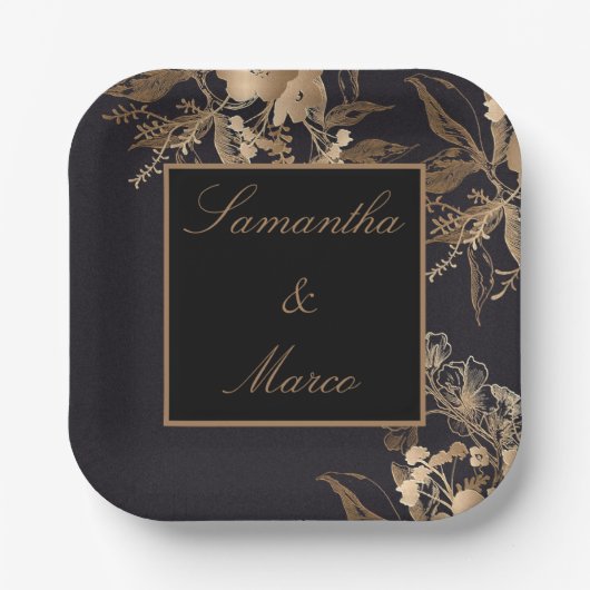 Elegant Golden Metallic Rozen Floral Wedding Papieren Bordje (Voorkant)