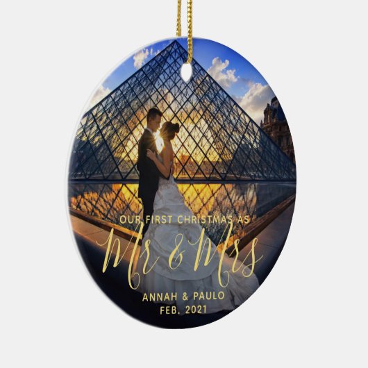 Elegant Golden Our First Kerstman Mr Mrs Photo Keramisch Ornament (Rechts)
