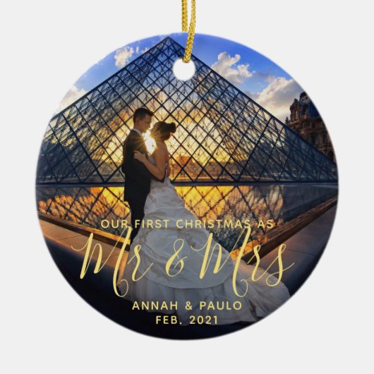 Elegant Golden Our First Kerstman Mr Mrs Photo Keramisch Ornament (Voorkant)