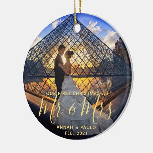 Elegant Golden Our First Kerstman Mr Mrs Photo Keramisch Ornament (Links)