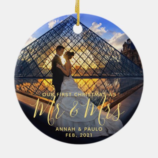 Elegant Golden Our First Kerstman Mr Mrs Photo Keramisch Ornament (Achterkant)