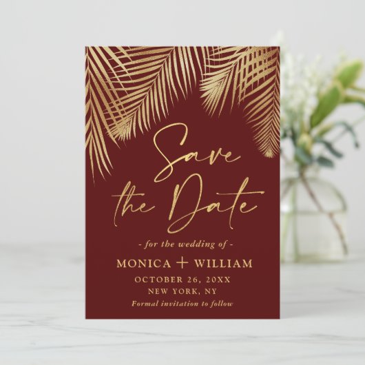 Elegant Golden Palm Branch Wedding Foto Save The Date (Staand voorkant)